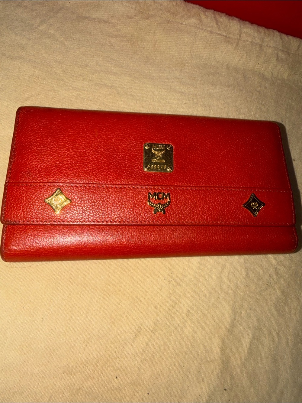 MCM Red Leather Continental Wallet with Gold Hardware